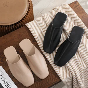 Women’s Slip on Comfort Spring Summer Autumn Genuine Leather Square Toe Loafer Mule Clogs Flat Casual Breathable Slippers