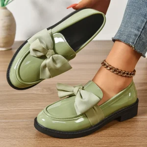 Women’s Slip on Footwear Light Olive Patent Leather Bow Decor Block Heel Loafers for Daily Wear