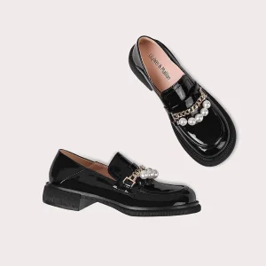 Women’s Slip on Loafers Shoes Cute Girl Loafers Shoes Shoes with Pearl White or Black Color School Thick Heel Shoes