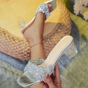 Women’s Slip on Peep Toe Sandals With Rhinestone Decoration High Quality Transparent Middle Mules for Party Date Wedding PL0733