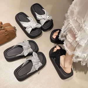 Women’s Slippers Bow Patterned Wedge Sandals Thick Soled Lightweight Fashionable Trendy