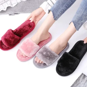 Women’s Slippers Comfortable Fur Anti-Slippery Breathable Open Toe Fuzzy Fluffy Bedroom Sleep House Home Indoor Winter