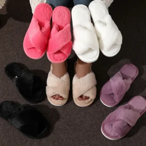 Women’s Slippers European American Style Cross Strap Open-Toe Plush Flat Anti-Slippery Minimalist Home Spring Autumn Winter