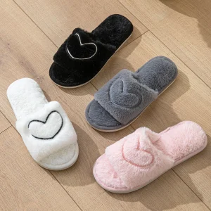 Women’s Slippers Heart Valentines Shoes Indoor Fur Love Heart Plush Non-slip Slipper for Home