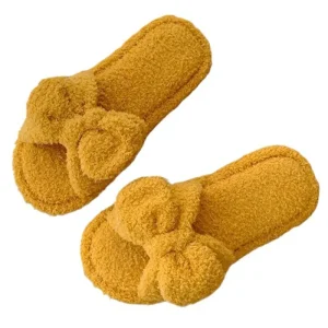 Women’s Slippers Open Toe Bedroom Slippers Plush Fuzzy Cozy with Bow Knot Cute Indoor Slippers