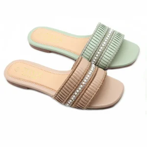 Women’s Slippers Summer Flat Slippers Pearl Rhinestones Striped Outdoor Non slip Open toed Women’s Slippers