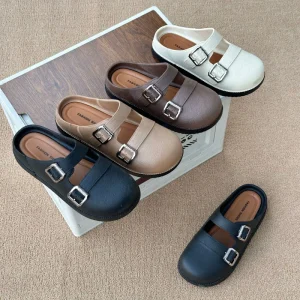 Women’s Slippers Toe Headband for Autumn Durable Elegant Metal Buckle Flat Shoes Soft Sole Casual All-Match