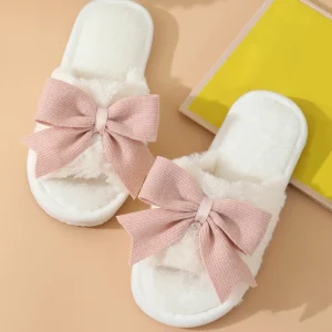 Women’s Slippers Winter Cute Bow Girly Indoor Home Warmth Thick Sole Non Slip Open Toe Slippers
