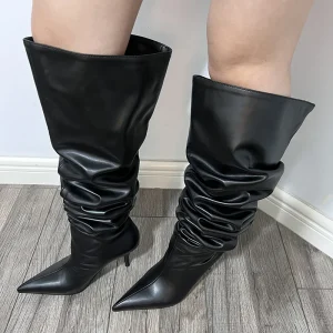 Women’s Slouchy Over the Knee Boots Pointed Toe Kitten Heel Long Boots Wide Leg Pleated Tall Boots for Winter