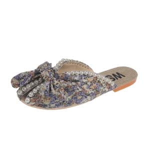 Women’s Small Floral Slippers Pump Bow Flat Canvas Summer Outer Wear Sandal Flat for Ladies