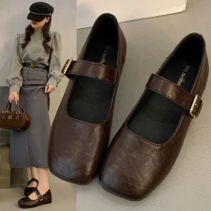 Women’s Small Size Single layer PU Mary Jane Flats with Skirt Square Toe Buckle Strap Flat Heel Spring New Style