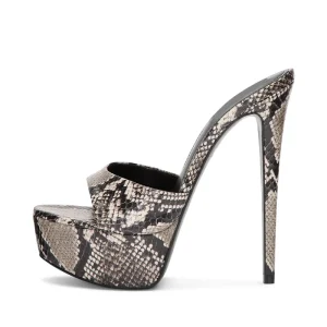 Women’s Snake Print Platform Mule Heels Python Wide Strap Slip On Ultra High Stiletto Sandals OEM Custom