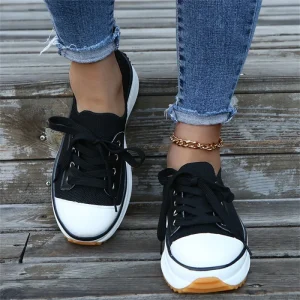 Women’s Sneakers Spring Stretch Fabric Ladies Lace up Casual Shoes Large Sized Running Walking Sport Flats Sneakers