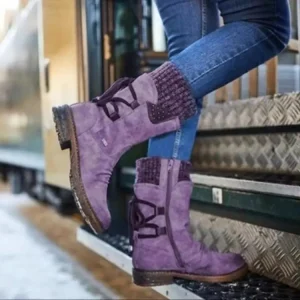 Women’s Snow Boots Low Heel Round Toe Side Zipper Faux Fur Lining Solid Mid Calf Boots