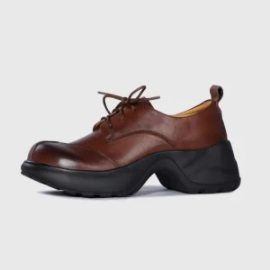 Women’s Soft Leather Loafers Black Full Grain Leather Block Heel Work Shoes Wear Resistant Lace Up for Autumn