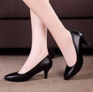 Women’s Soft Leather Slip On Work Shoes Cone Heels Anti Slip Waterproof Light Flight Attendant Design for Formal Dress Shoes