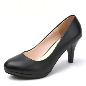 Women’s Soft Leather Slip-On Work Shoes Thin High Heels Anti-Slip Waterproof Light Flight Attendant Design for Formal Dress