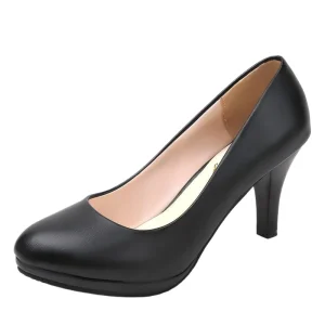 Women’s Soft Leather Slip On Work Shoes Thin High Heels Anti Slip Waterproof Light Flight Attendant Design for Formal Dress