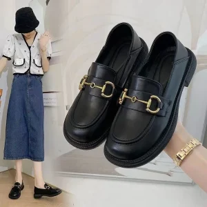 Women’s Soft Leather Thick Sole Loafers Vintage Metal Buckle Slip-on Two-way Casual Flats