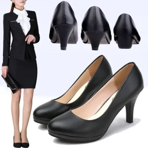Women’s Soft Leather Work Shoes Thin Heels Slip On Closure Light for Formal Dress High Flight Attendant for Spring Summer