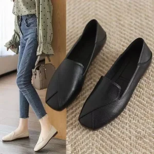 Women’s Soft Surface Square Toe Loafers Cross Stitch Design Slip-on 2-way Casual Flats