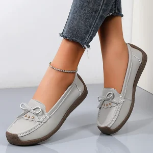 Women’s Solid Bow Loafers Casual Flat Shoes Soft Sole Comfortable Large Size Peas