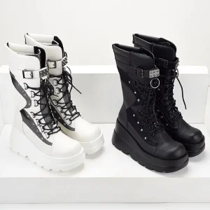 Women’s Solid Color Boots Lace up Back Zipper Round Toe Buckle Decor Thick Bottom Mid Calf Boots Outdoor Trendy Shoes