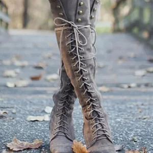 Women’s Solid Color High Tube Lace-Up Over-the-Knee Winter Boots Low Heel Thick Boot PU Upper Round Toe Rubber Midsole