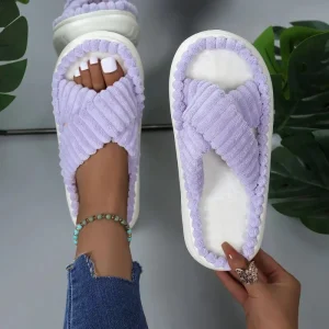 Women’s Solid Color Home Slippers Open Toe Cross Strap Bedroom Shoes Comfortable Indoor Slippers