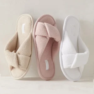 Women’s Solid House Slippers with Memory Foam Insole Lightweight Open Toe Knotted Terry Slippers