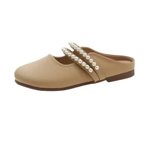 Women’s Solid Open Toe Slip On Backless Mules for Spring and Summer New Trendy Pearl Bow Soft Soled Fairy Style