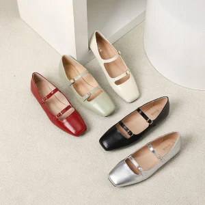 Women’s Solid Square Toe PU Upper Buckle Strap Flats Mary Jane Ballet Shoes Spring Large Size