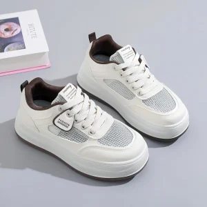 Women’s Sports Sneakers White Lace up Mesh Breathable Thick Sole Sneakers Versatile Fashion Skate Shoes Women’s Casual Shoes