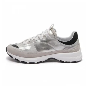 Women’s Sporty Leather Silver Running Shoes Fashion Trend Pattern Mixed Colors Lace Up Closure Genuine Leather Upper Material