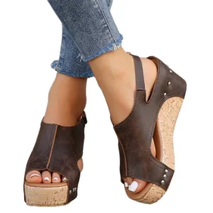 Women’s Sporty Open Toe PU Leather Wedges Sandals Comfortable EVA Slip On Heeled Slippers Height Increasing Breathable