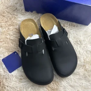 Women’s Sporty Suede Mules Fashion Closed Cork Sole Flat Sandals Clogs for Genuine Leather Lining
