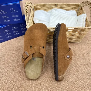 Women’s Sporty Suede Mules Fashion Cork Sole Flat Sandals Clogs Slippers Genuine Leather Lining