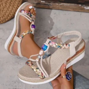 Women’s Sporty Summer Bohemian Beaded Braided Wedge Sandals Fabric Upper PU Sole Comfort Soft Peep Toe Espadrille Platform Shoes