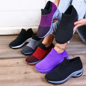 Women’s Spring Autumn Summer Sports Casual Breathable Lightweight Flexible PU Cushion Rocking Shoes Slip On Closed Toe