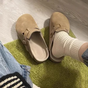 Women’s Spring Autumn Thick Soled Closed Toe Buckle Loafers Comfortable Cowhide Lining PVC Outsole Slippers