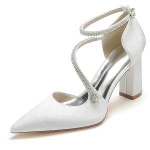 Women’s Spring Chunky Heel Sandals Pointed Toe Rhinestone Strap Wedding Bridal Bridesmaid Shoes