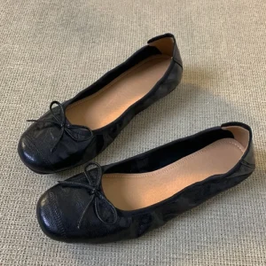 Women’s Spring Cowhide Vintage Shallow Mouth Slip-on Bow Super Soft Ballet Flats