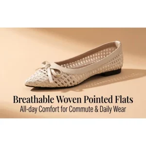 Women’s Spring Fashion Trend Pointed Toe Breathable Woven Ballet Flats Bow Knot Hollow Pu Light Summer Office Daily
