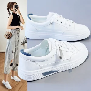 Women’s Spring Summer Autumn Soft Comfort Casual Walking Sneakers PU Upper PVC Outsole Lace Up Slip On Closure Flat Design White