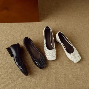 Women’s Spring Summer French Retro Woven Heels Square Toe Block Dress Shoes Plus Size Elegant Leather Pumps