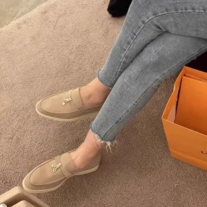 Women’s Spring Summer Genuine Leather Flat-Soled British-Style Casual Comfortable Slip-On Loafers No Toe Box Wool Lining