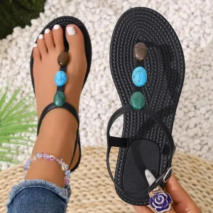 Women’s Spring Summer Lightweight Soft Anti Slip T-Strap Open Toe Flip-Flops Quick Dry Black Sole Beach Slippers