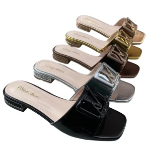 Women’s Spring Summer Rose Gold Square Toe Chunky Mid Heel Patent PU Mules Rhinestone Buckle Lighted Slides