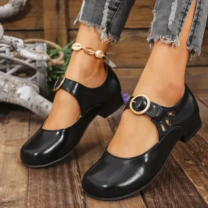 Women’s Spring Summer Solid Mary Jane Flats PU Upper Rubber Outsole Buckle Closure Round Toe Shallow Low Heeled Shoes
