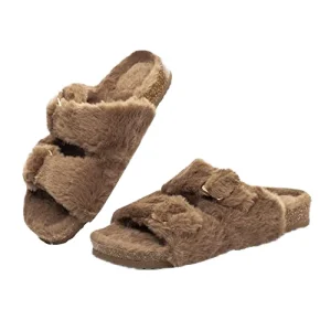 Women’s Spring Summer Winter Open Toe Slipper Cozy Lining Arch Support Flexible Double Straps Faux Fur Cork Slide Sandals EVA